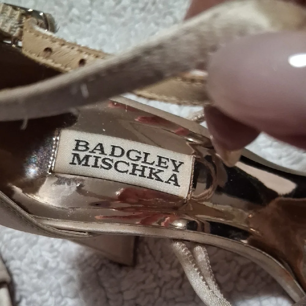 Badgley Mischka Champagne Satin Crystal T-Strap Heels - Picture 2 of 10